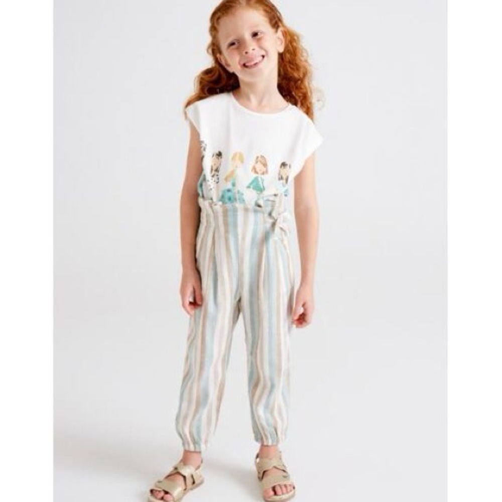 Size 9 Girls Mayoral Kids Striped Casual Pants - Blue and Tan